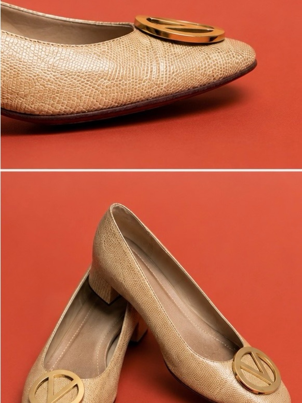 Valentino Garavani Beige Textured Leather Block Heel Pumps with Gold Logo
